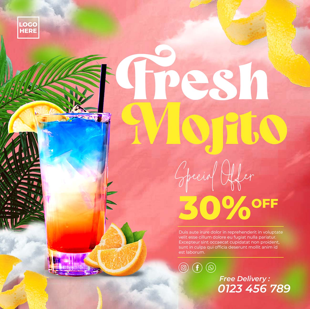 Banner đồ uống mojito giảm giá 30% file PSD