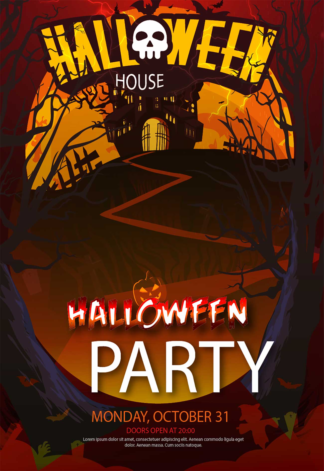 Poster lâu đài tổ chức tiệc halloween file AI