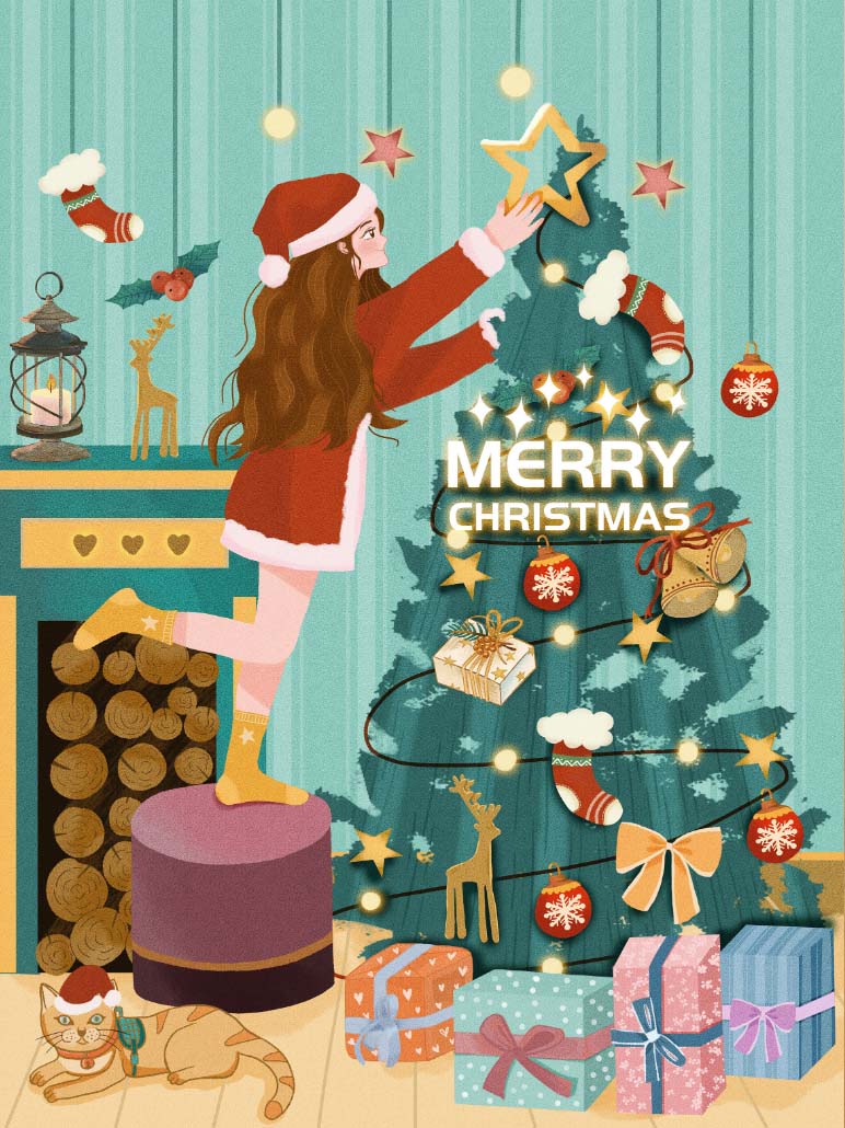 Poster cô gái trang trí cây thông noel file PSD