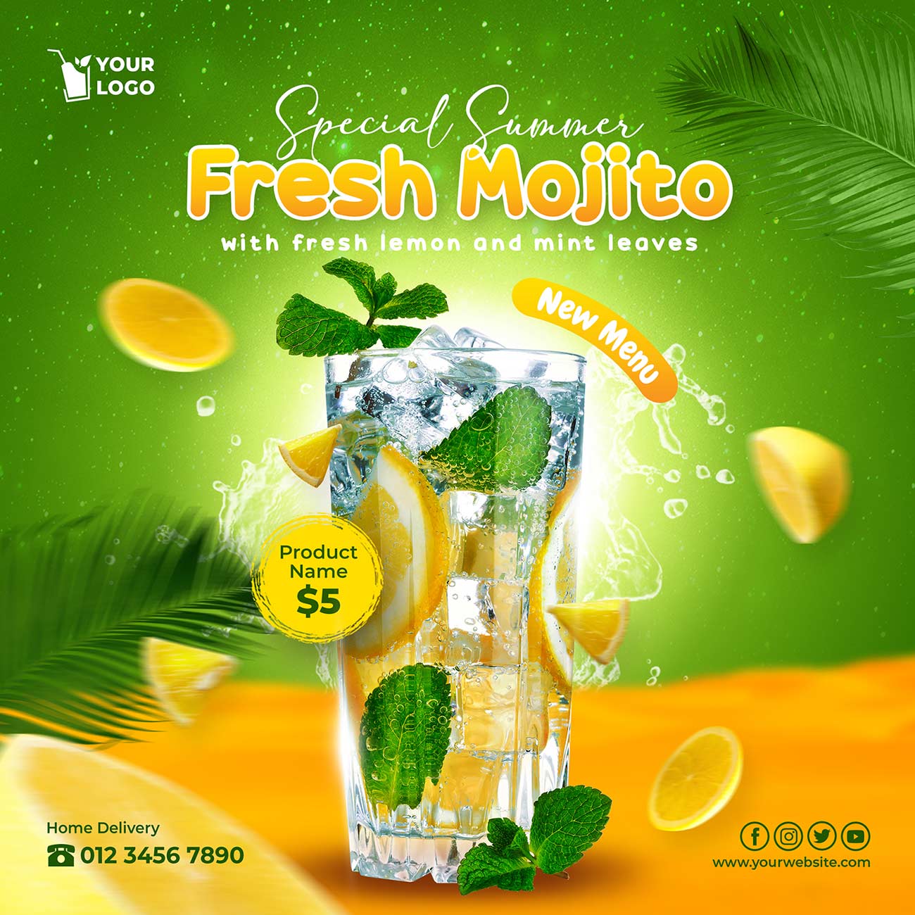 Poster báo giá sản phẩm ly nước mojito chanh trên nền màu xanh PSD