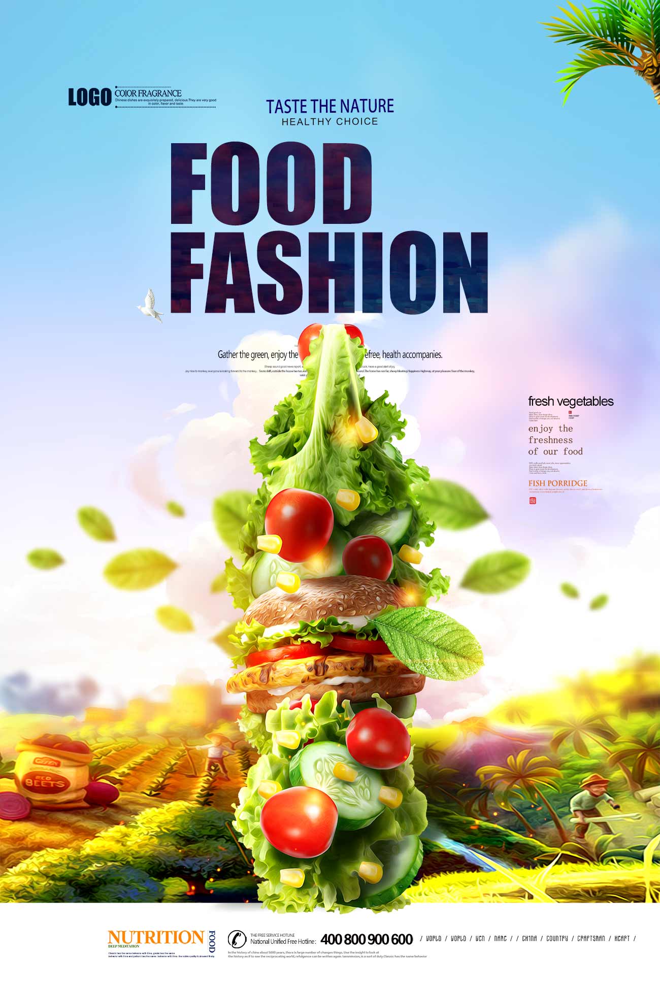 Poster bánh hamburger nhân rau củ tươi sạch file PSD