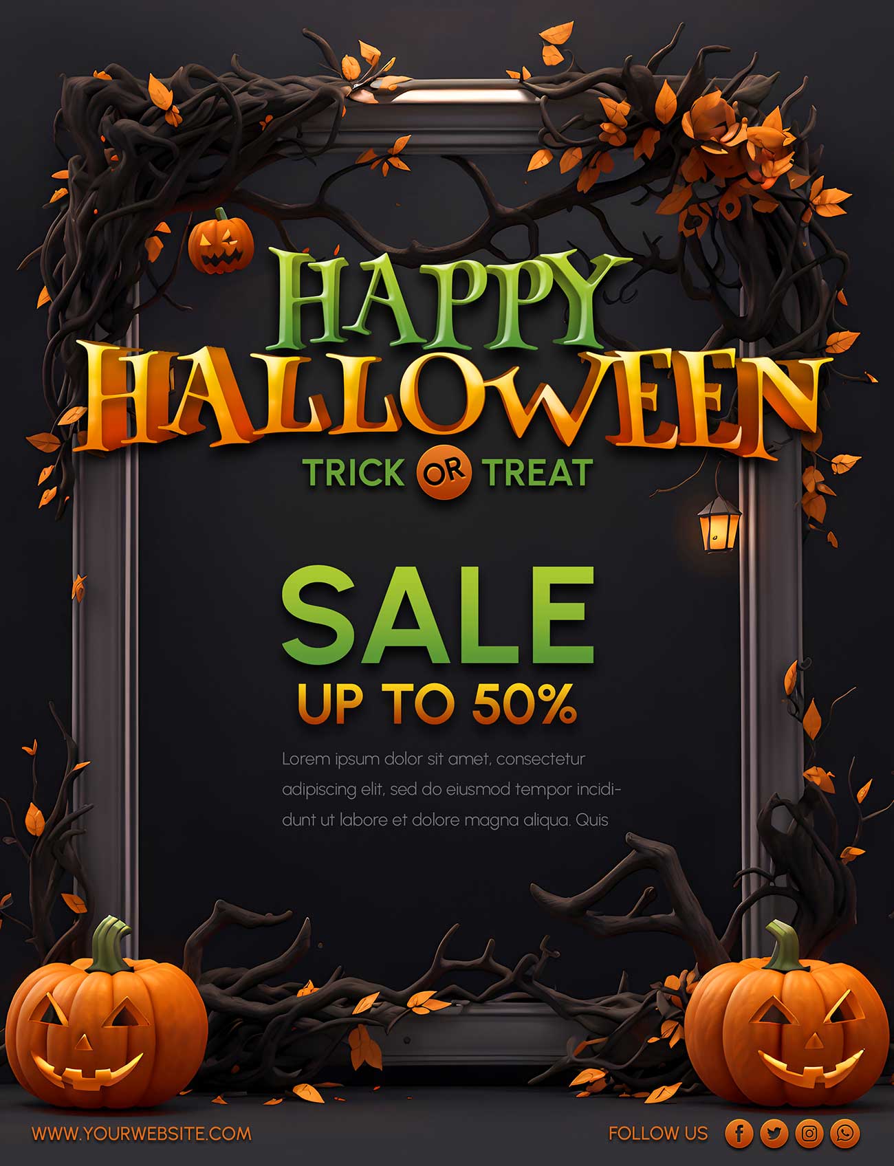 Poster cửa hàng đồ trang trí halloween sale 50% file PSD