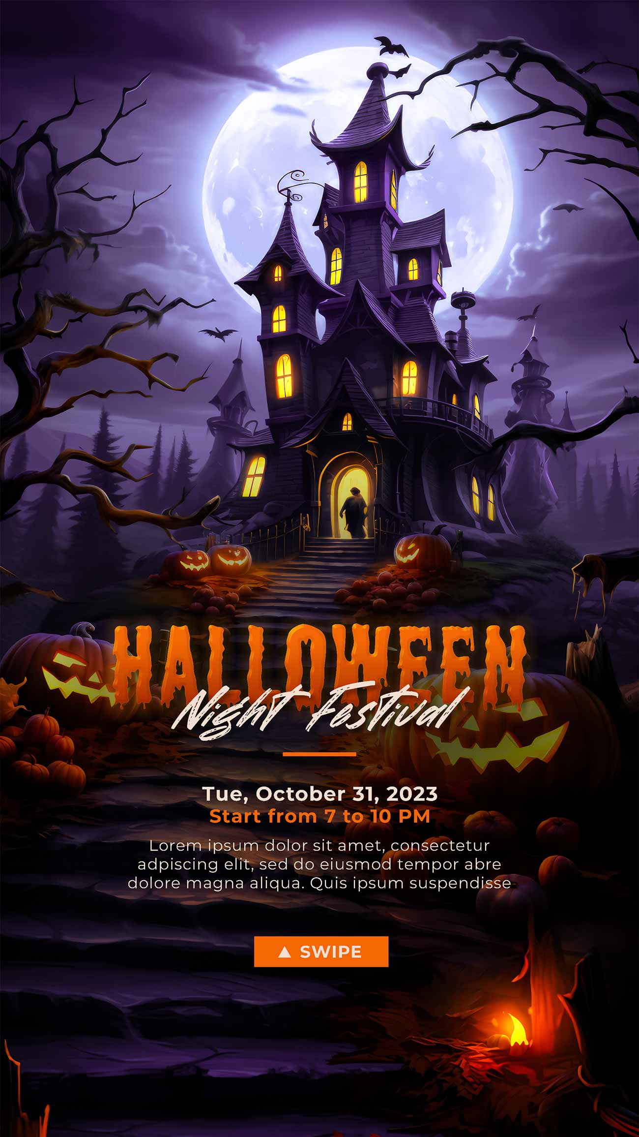 Poster đêm tiệc halloween tại lâu đài ma ám file PSD