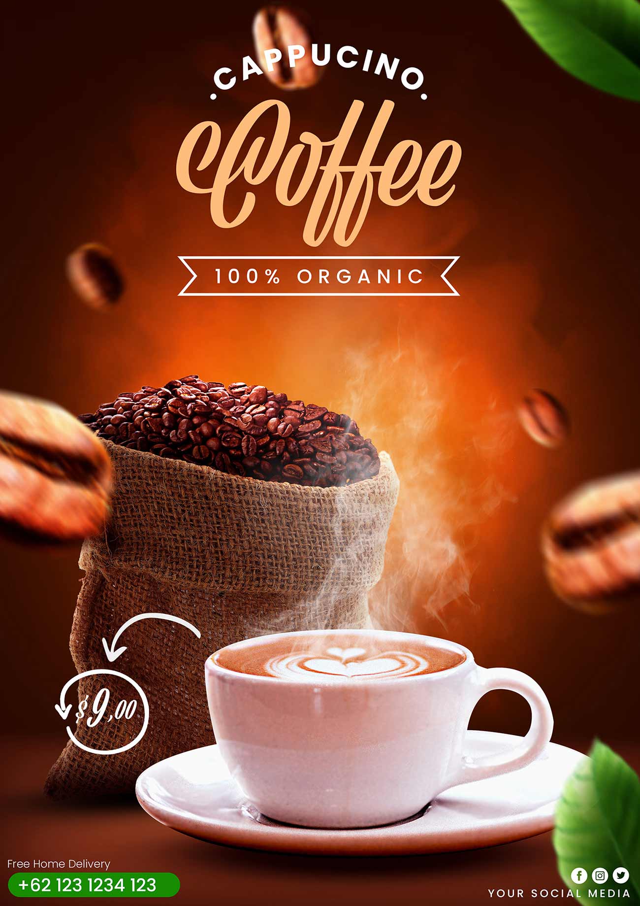 Poster ly cà phê cappucino file PSD