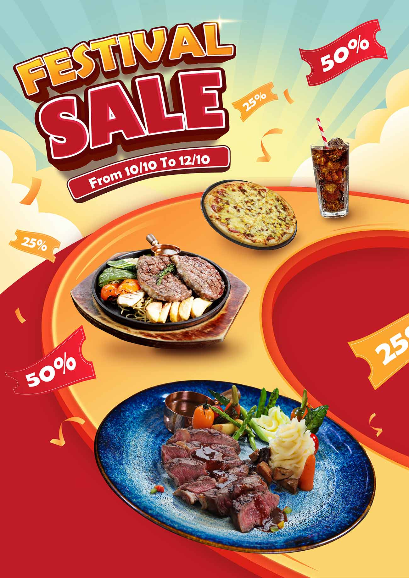 Poster món beefsteak giảm giá 50% file EPS