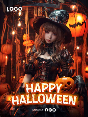 Poster halloween phong cách chibi file PSD