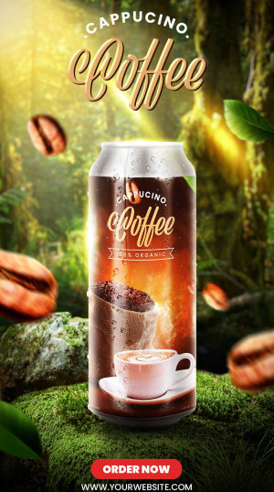 Poster đồ uống cappucino đóng lon file PSD