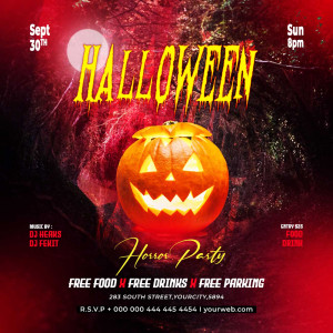 Poster đêm tiệc halloween đồ uống và đồ ăn miễn phí file PSD