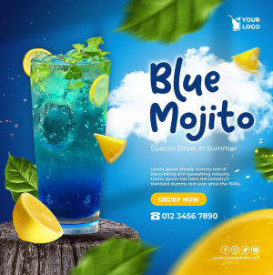 Poster trưng bày sản phẩm ly nước blue mojito giải nhiệt mùa hè PSD