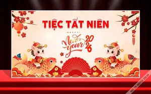Backdrop Tiệc Tất Niên & Tết 2026 Phong Cách Dễ Thương - File CDR