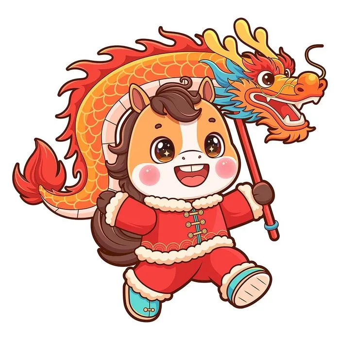 Linh Vật Ngựa Tết Cầm Múa Rồng - Thiết Kế Hoạt Hình Dễ Thương