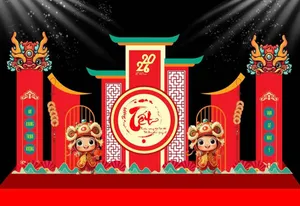 Backdrop Tết 2026 Đỏ Rực Rỡ, Phong Cách Hoạt Hình Dễ Thương
