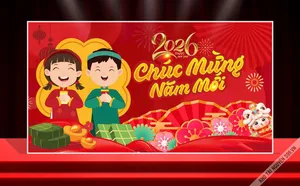 Backdrop Tết 2026 Phong Cách Hoạt Hình Dễ Thương Cho Bé – CDR Chất Lượng
