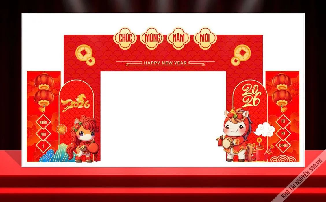 Backdrop Tết 2026 Đinh Tỵ - Cổng Chúc Mừng Năm Mới Đỏ Vàng