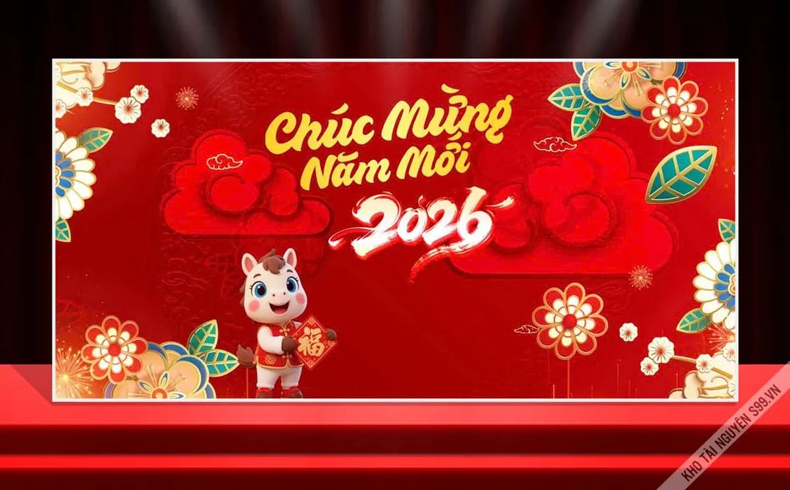 Backdrop Tết 2026 Đinh Dậu Đỏ May Mắn Vector CDR