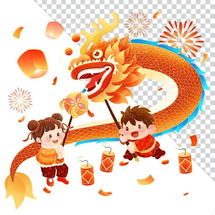 Minh Họa Tết Em Bé Múa Lân, Pháo Hoa & Lồng Đèn PNG Chất Lượng Cao