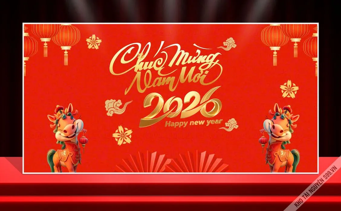 Backdrop Tết 2026 Đỏ May Mắn - Thiết Kế Chuyên Nghiệp CDR