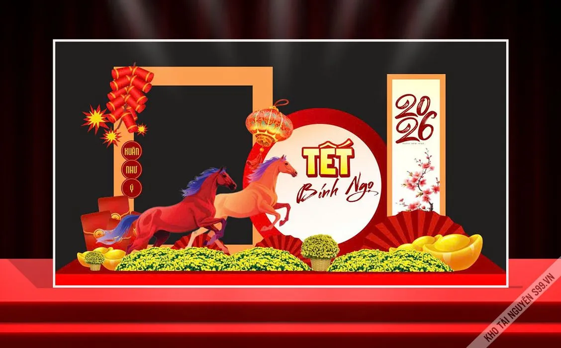 Backdrop Tết 2026 Bình Ngọ Đỏ Vàng May Mắn – Thiết Kế Đồ Họa CDR