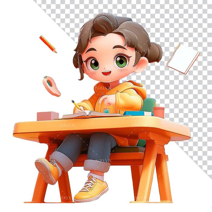 Hình ảnh cô bé ngồi học 3D file PNG mẫu CR809