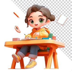 Hình ảnh cô bé ngồi học 3D file PNG mẫu CR809