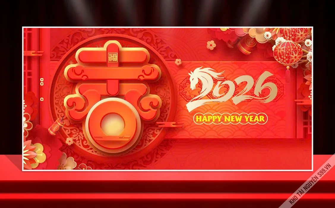 Backdrop Tết 2026 Đỏ May Mắn - Thiết Kế Đồ Họa Chất Lượng Cao