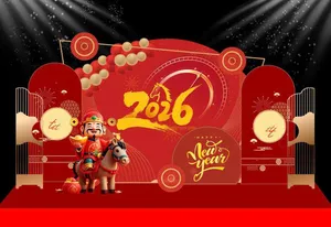 Backdrop Tết 2026 Đón Tài Lộc - Thiết Kế Phong Cách Truyền Thống