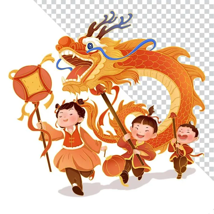 Trẻ Em Vui Chơi Múa Lân Đón Tết Nguyên Đán - Hình Minh Họa PNG