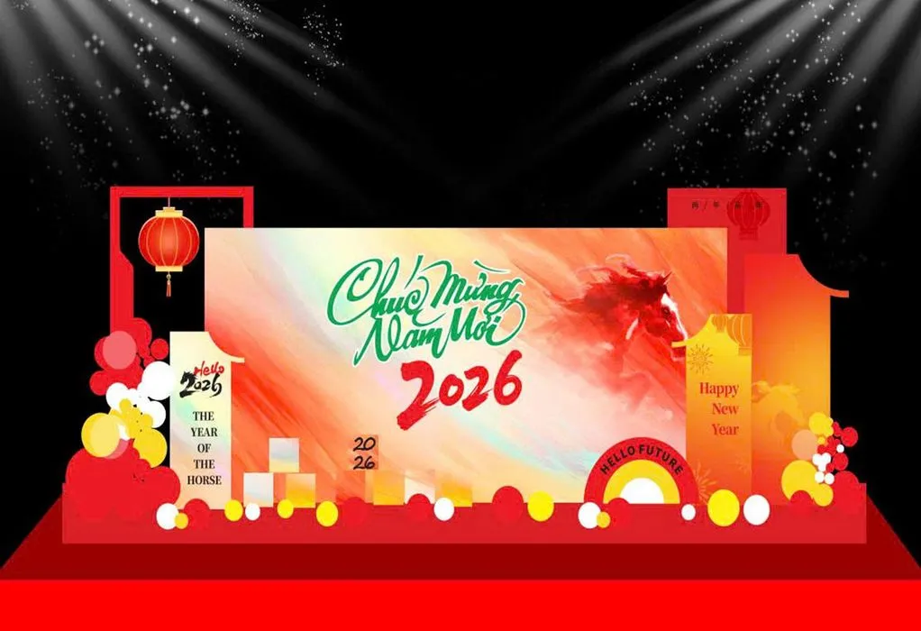 Backdrop Tết 2026 Đinh Mão Rực Rỡ – File CDR Vector Thiết Kế Sân Khấu
