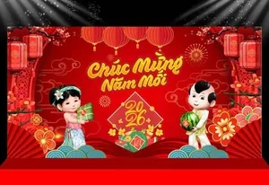 Backdrop Tết 2026 Đỏ Rực Rỡ Với Trẻ Em Hoạt Hình Đáng Yêu