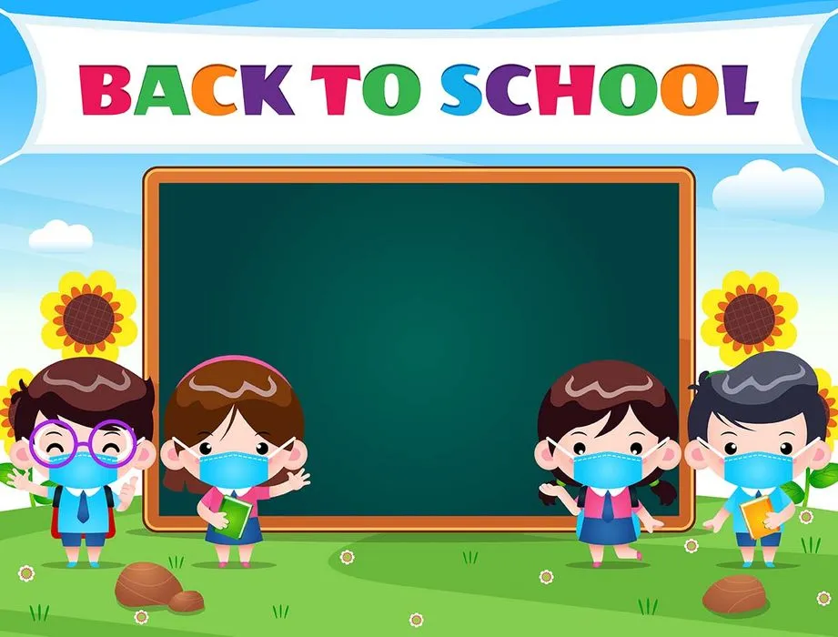 Background bé đi học đeo khẩu trang file vector mẫu KS236