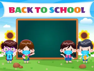 Background bé đi học đeo khẩu trang file vector mẫu KS236