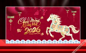 Backdrop Tết 2026 Đỏ May Mắn - Thiết Kế Ngựa Họa Tiết Độc Đáo