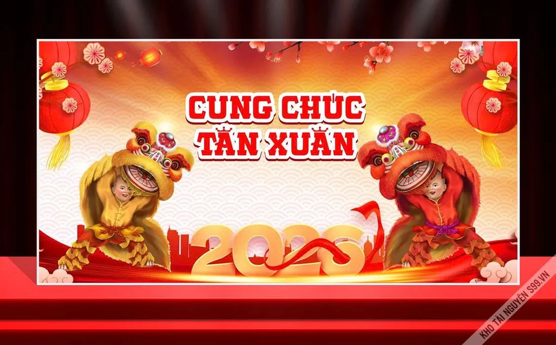 Backdrop Tết 2026 Đón Xuân – Thiết Kế Lân Sư Rồng Đỏ Vàng Ấn Tượng