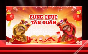 Backdrop Tết 2026 Đón Xuân – Thiết Kế Lân Sư Rồng Đỏ Vàng Ấn Tượng