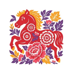 Hình Minh Họa Ngựa Tết Phong Cách Cắt Giấy Đỏ, Vàng, Tím