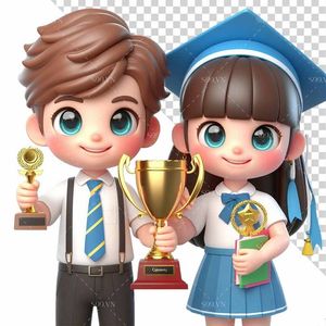 Hình ảnh hai bạn học sinh đạt giải học tập 3D file PNG mẫu CR892