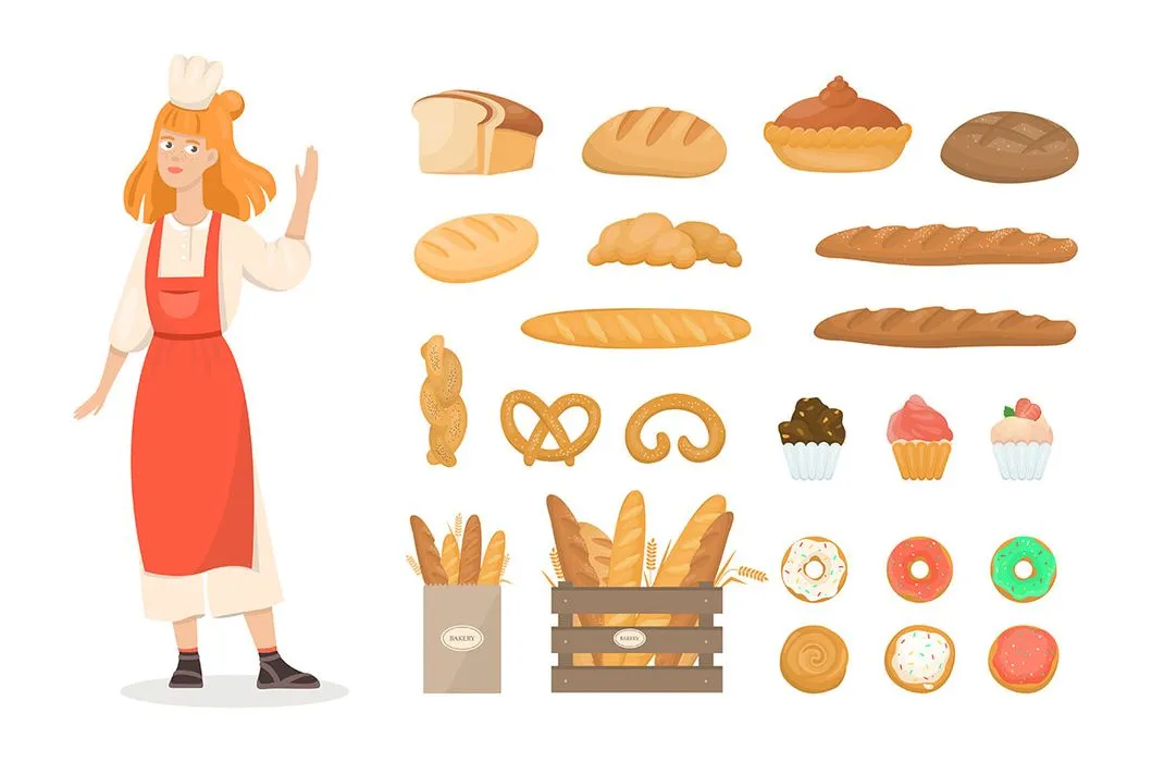 Bộ sưu tập minh họa tiệm bánh Thợ làm bánh và sản phẩm tươi ngon