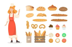 Bộ sưu tập minh họa tiệm bánh Thợ làm bánh và sản phẩm tươi ngon