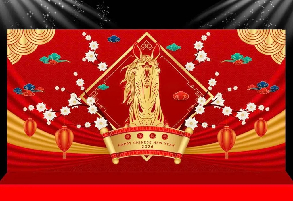 Backdrop Tết 2026 Giáp Ngọ Vàng Đỏ - File CDR Thiết Kế Sẵn