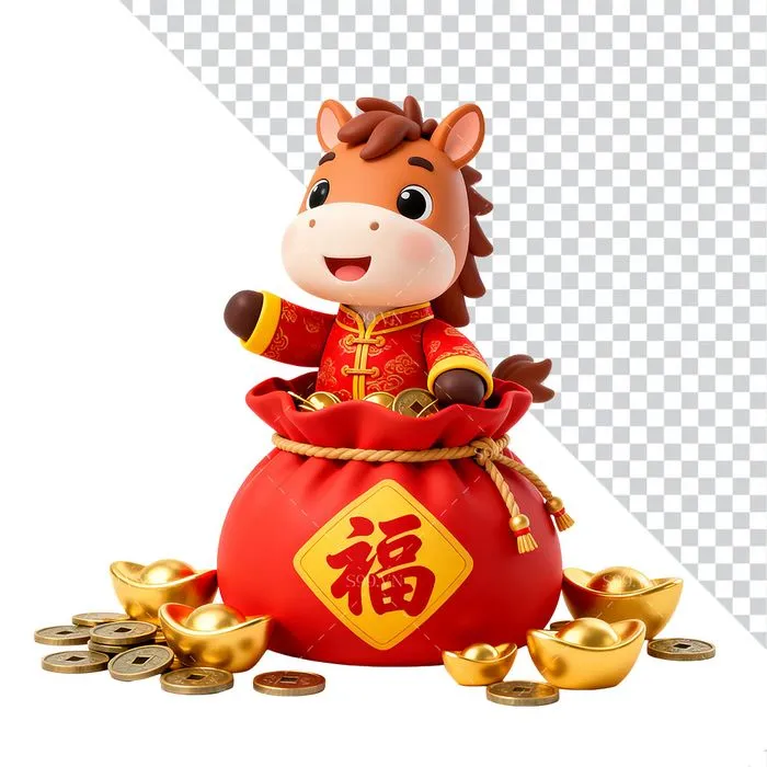 Linh Vật Ngựa Tết Nguyên Đán Dễ Thương Trong Túi Tiền Vàng - PNG