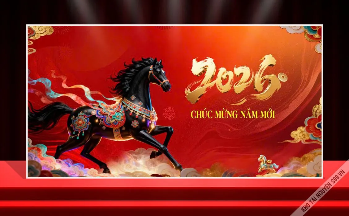 Backdrop Tết 2026 Đinh Mùi - Thiết kế pháo hoa & ngựa phong cách Á Đông