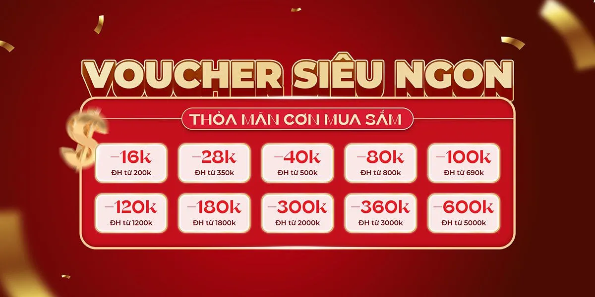 Banner Sale Tết Voucher Siêu Ngon Đỏ Vàng May Mắn Phong Cách Hiện Đại