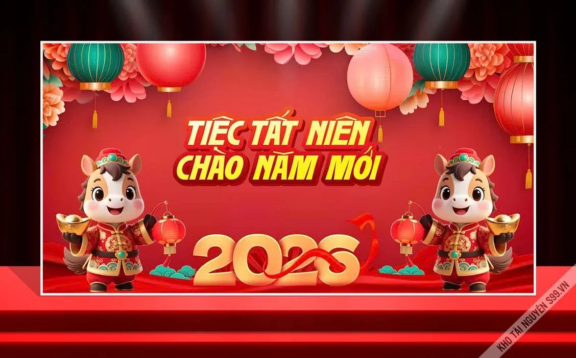 Backdrop Tết 2026 Đỏ Vàng May Mắn Phong Cách Hiện Đại (CDR)