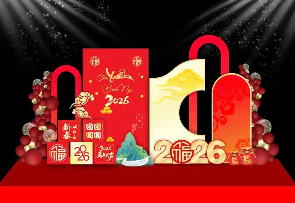 Backdrop Tết 2026 Đỏ Vàng May Mắn – Thiết Kế Phong Cách Hiện Đại
