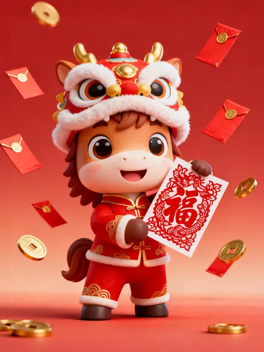 Minh Họa Hoạt Hình Ngựa Dễ Thương Trang Phục Lân Tết Nguyên Đán PNG