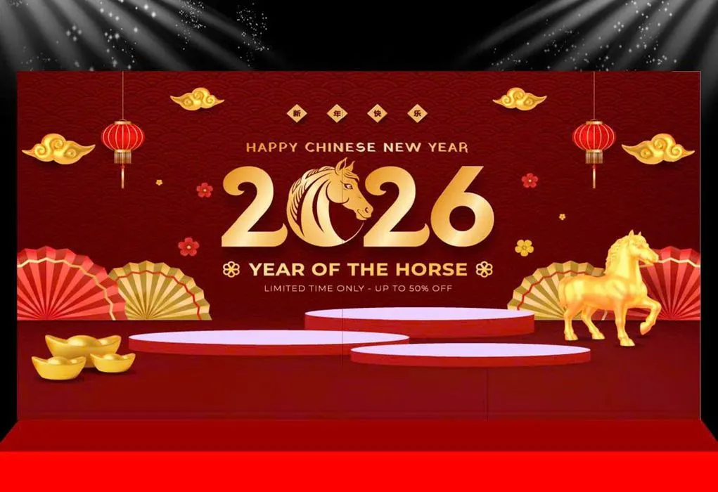 Backdrop Tết 2026 Giáp Ngọ Đỏ May Mắn - Thiết Kế Độc Đáo