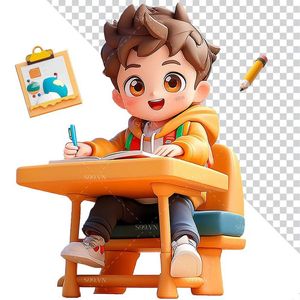 Hình ảnh cậu bé ngồi học 3D file PNG mẫu CR808