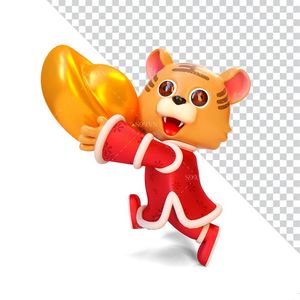 Hình ảnh chú hổ ôm thỏi vàng file PNG mẫu CR1062