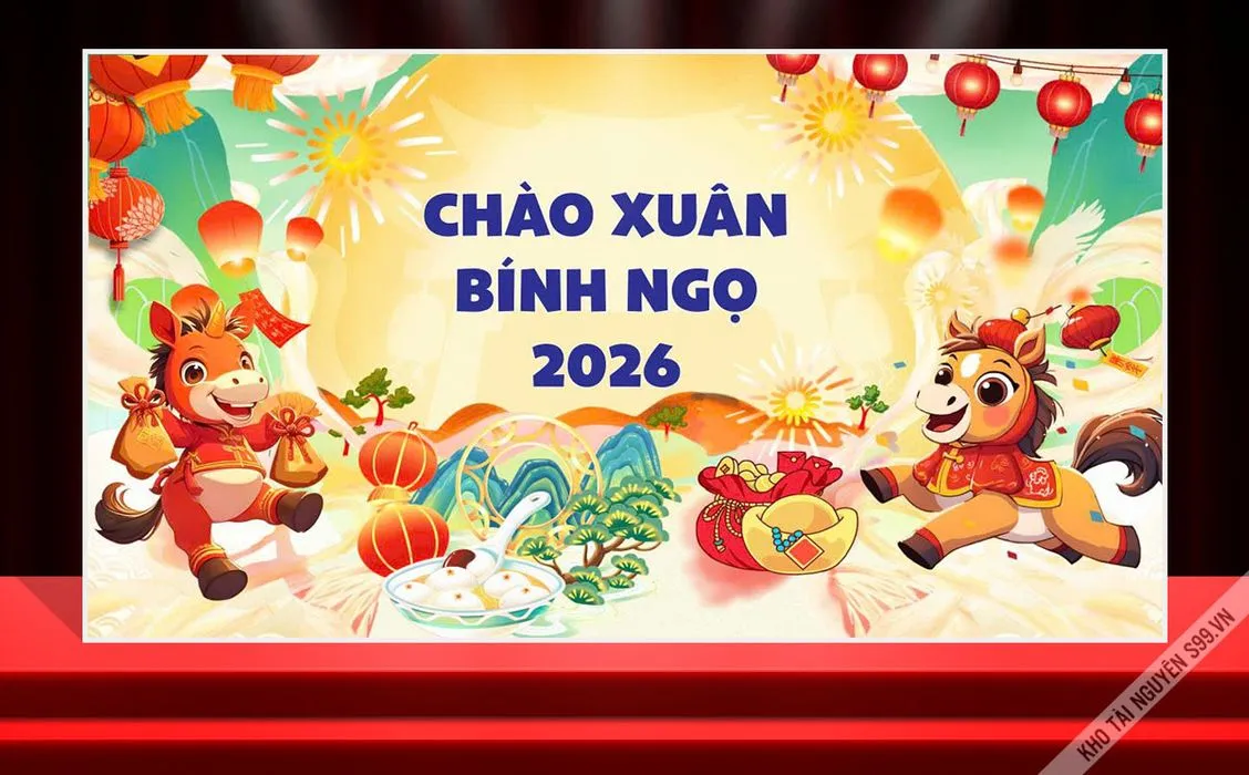 Backdrop Tết Bính Ngọ 2026 – Chúc Mừng Năm Mới Ngựa Vàng May Mắn