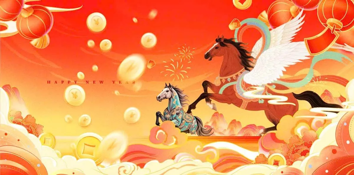 Banner Tết Nguyên Đán Năm Ngọ Đỏ Vàng May Mắn Phong Cách Á Đông